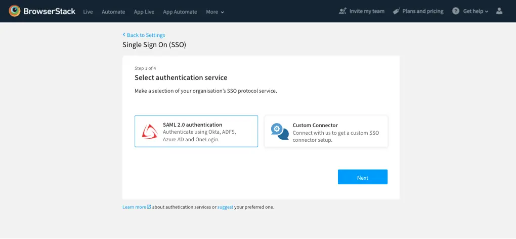 Choose SAML 2.0 in authentication services