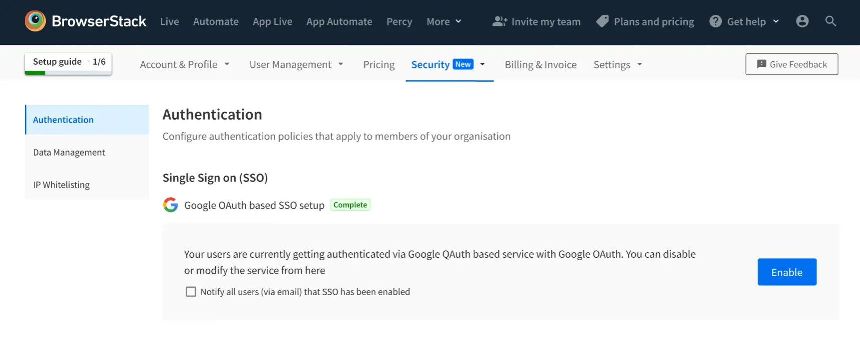 Enable google OAuth based SSO on browserstack