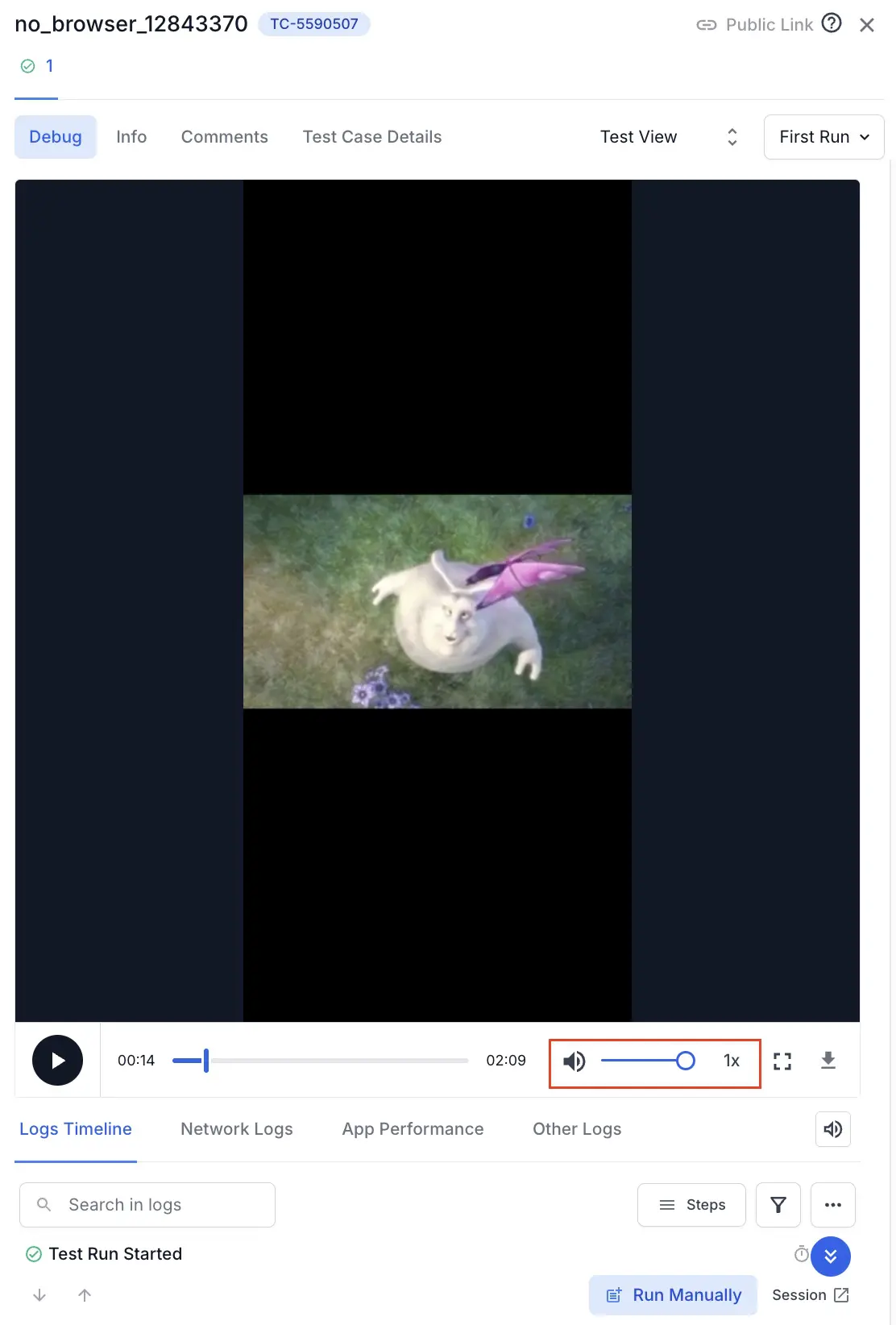 Volume control highlighted in the video player of the Timeline Debugging view