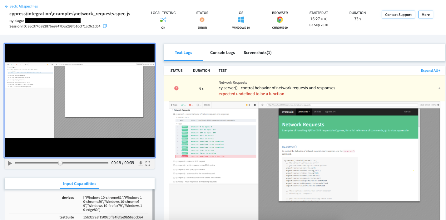 BrowserStack Automate Debugging dashboard for cross browser cypress tests