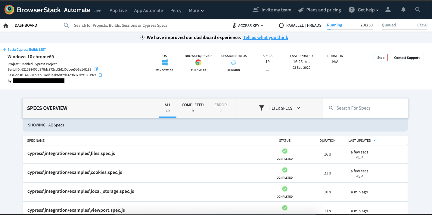 Cross browser Cypress testing spec files on BrowserStack Dashboard