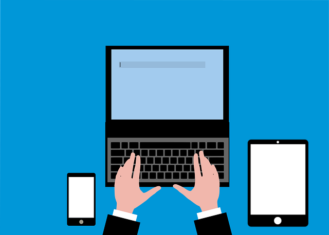 Illustration of a mobile phone on the left, hands typing on a laptop in the center, and a tablet device on the right