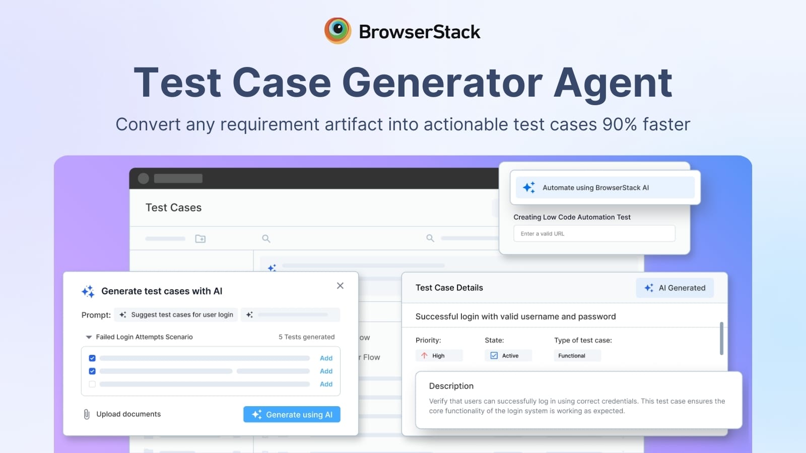 BrowserStack Test Case Generator Agent interface showing AI-generated test cases and details for user login scenarios.