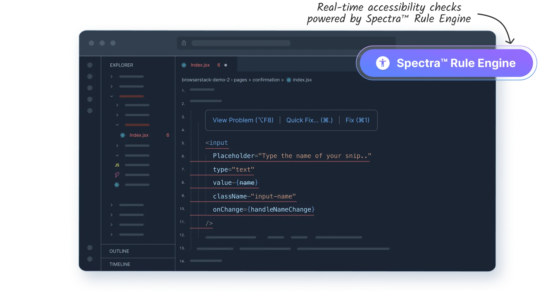Code editor showing real-time accessibility checks powered by BrowserStack's Spectra Rule Engine