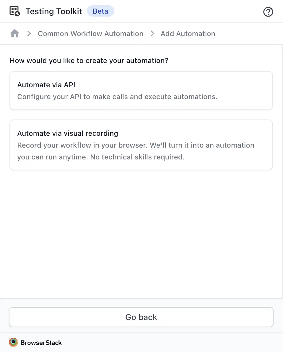 Screenshot showing the type of options to create automation