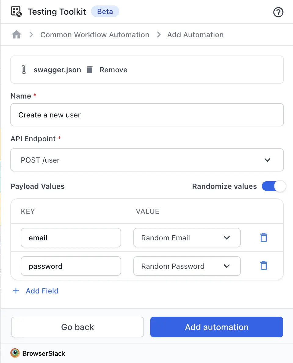 Screenshot showing various options to create automation with API