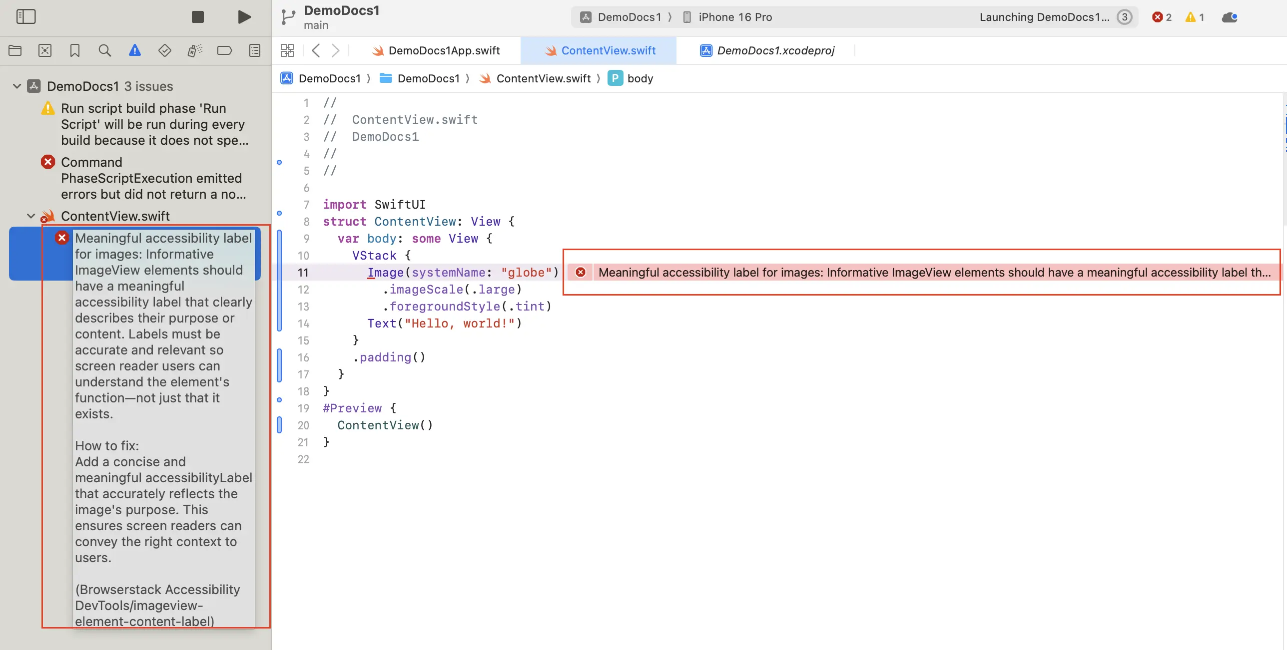Screenshot in which an Accessibility error is thrown which says the code violated a meaningful accessibility label error