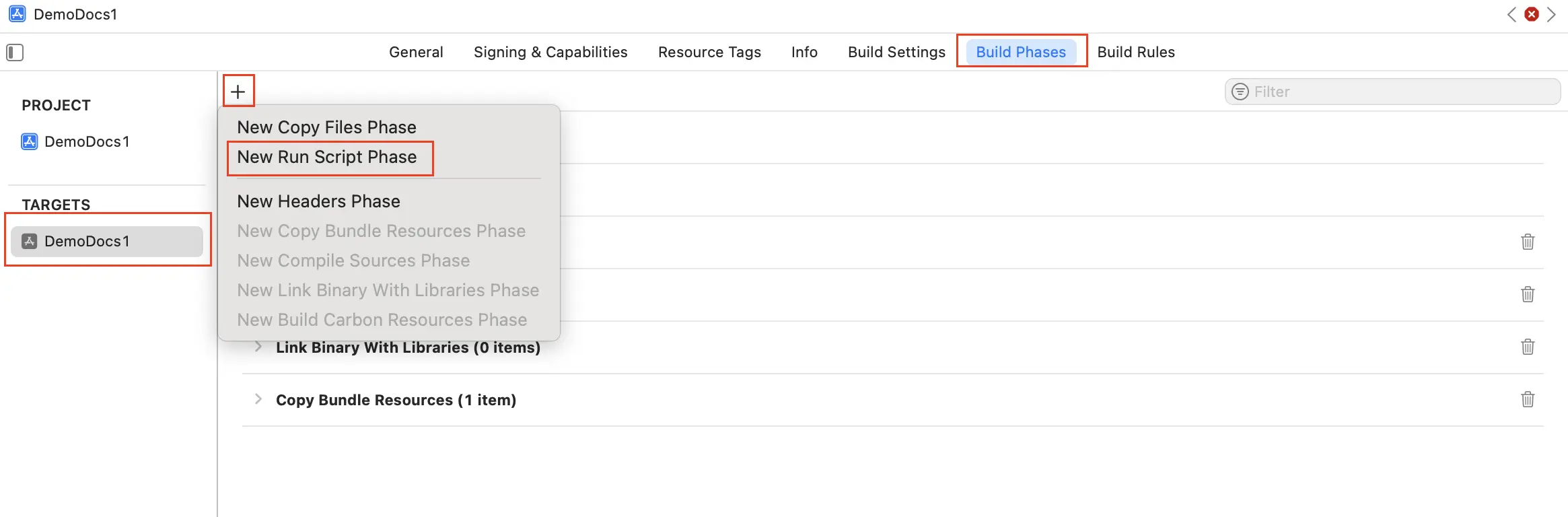Screenshot in which the target, build phase and an option for creating new run script phase are highlighted