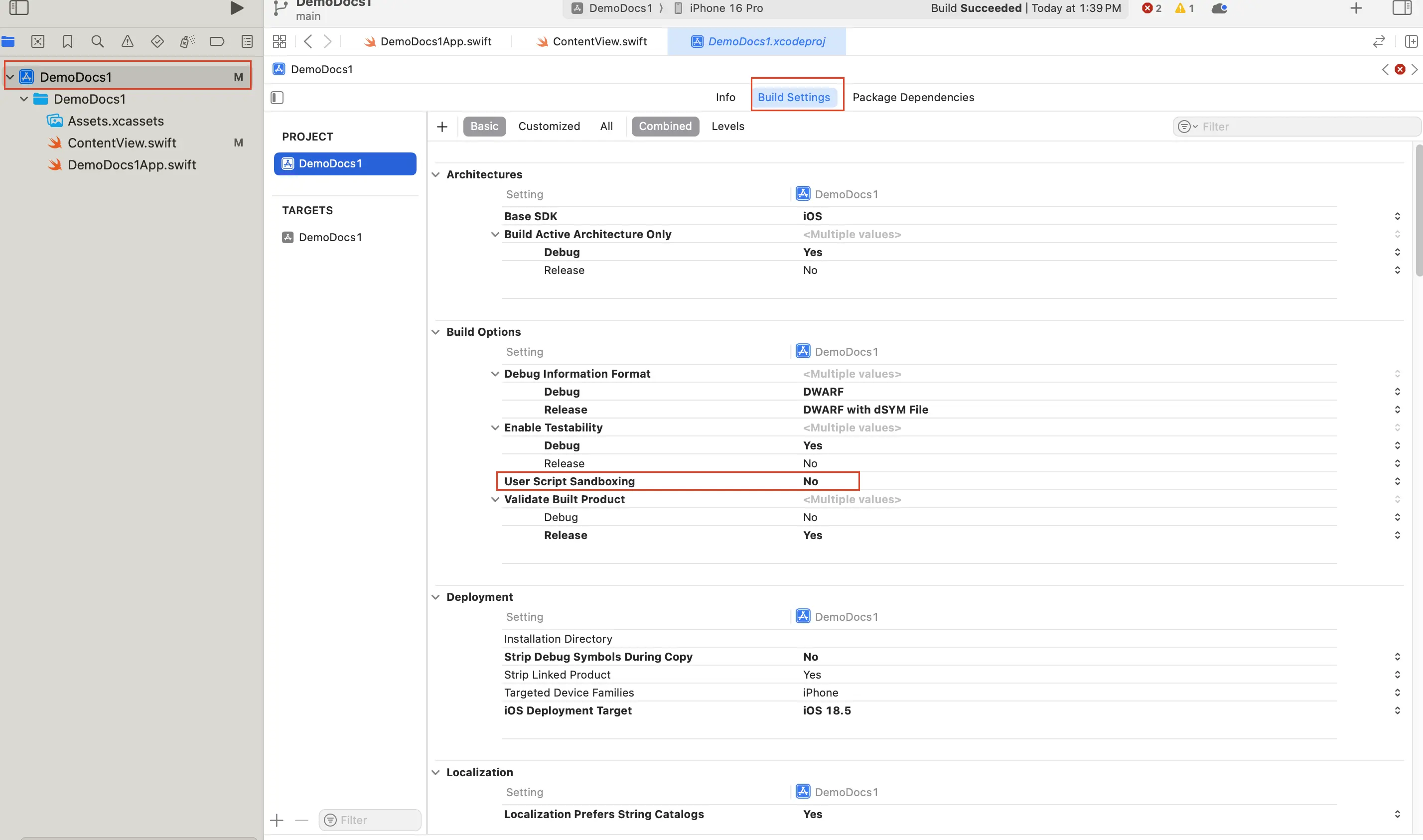 Screenshot in which the project folder, build settings and an option for user sandboxing updated as No, highlighted