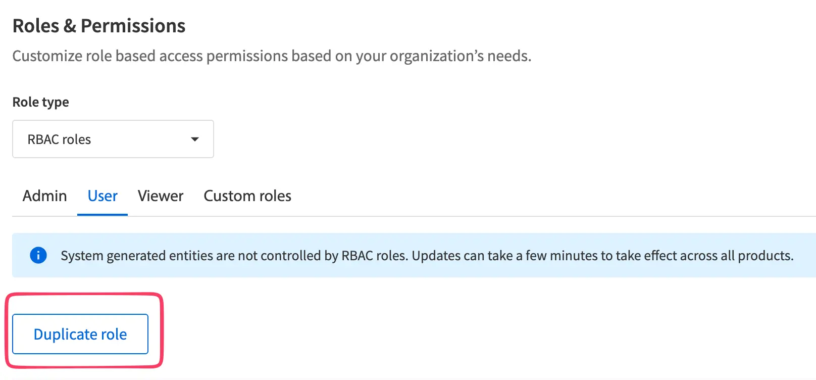 A button named duplicate role highlighted under the User tab in Roles & Permissions