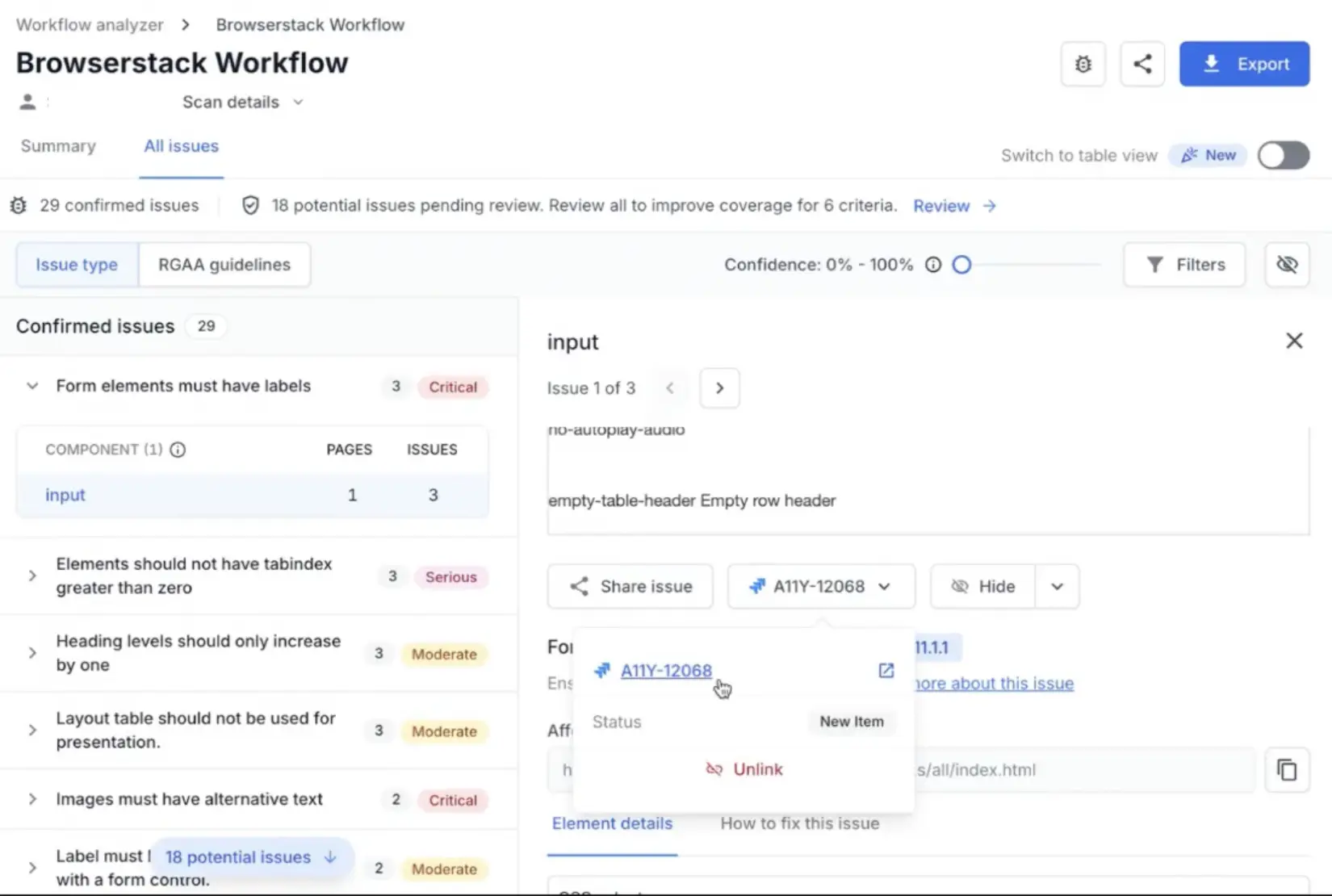 The status of a Jira issue visible as 'New Item' from within the Accessibility Testing dashboard
