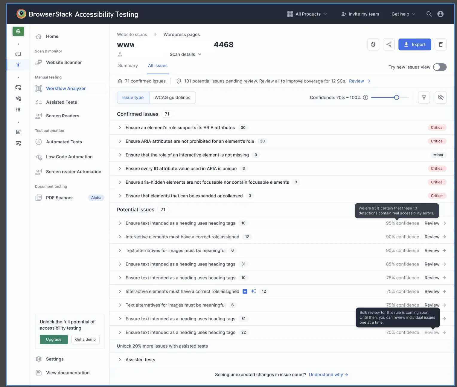 The All issues tab displays a list of accessibility issues organized one after another