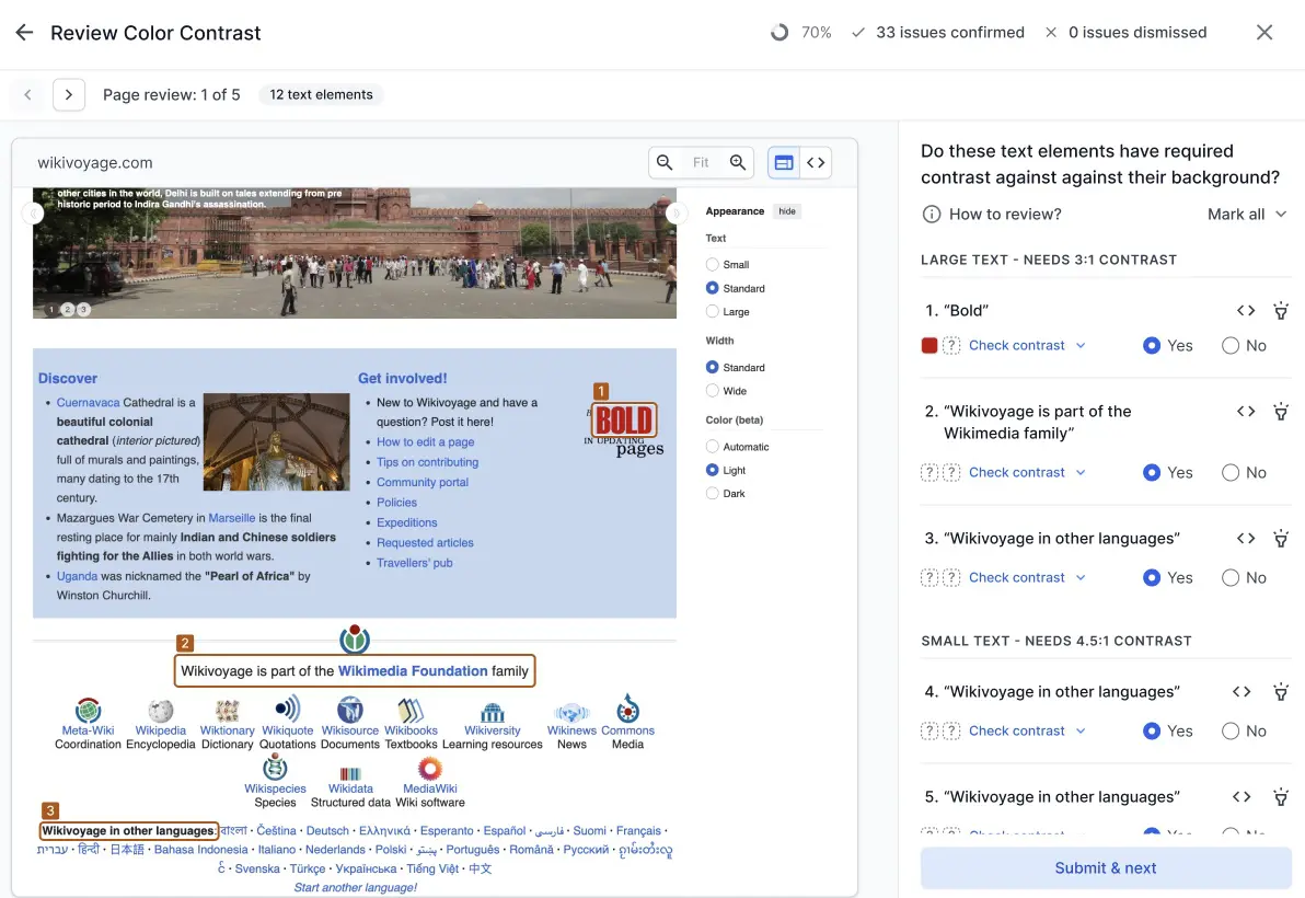 The Review Color Contrast screen showing text elements grouped under large text (3:1) and small text (4.5:1) contrast requirements, each with Yes and No options and a Check contrast dropdown