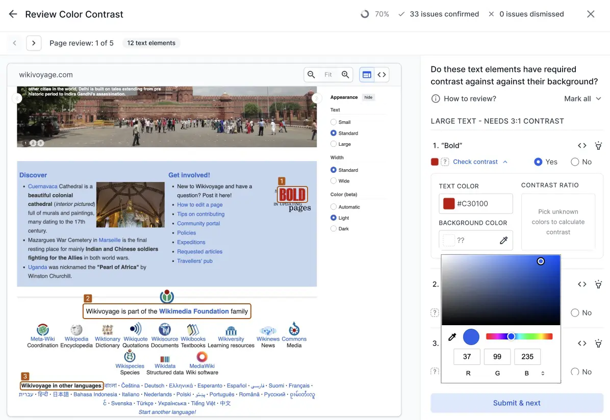 The color picker open below the background color field, with a gradient selector and RGB input fields showing values R 37, G 99, B 235