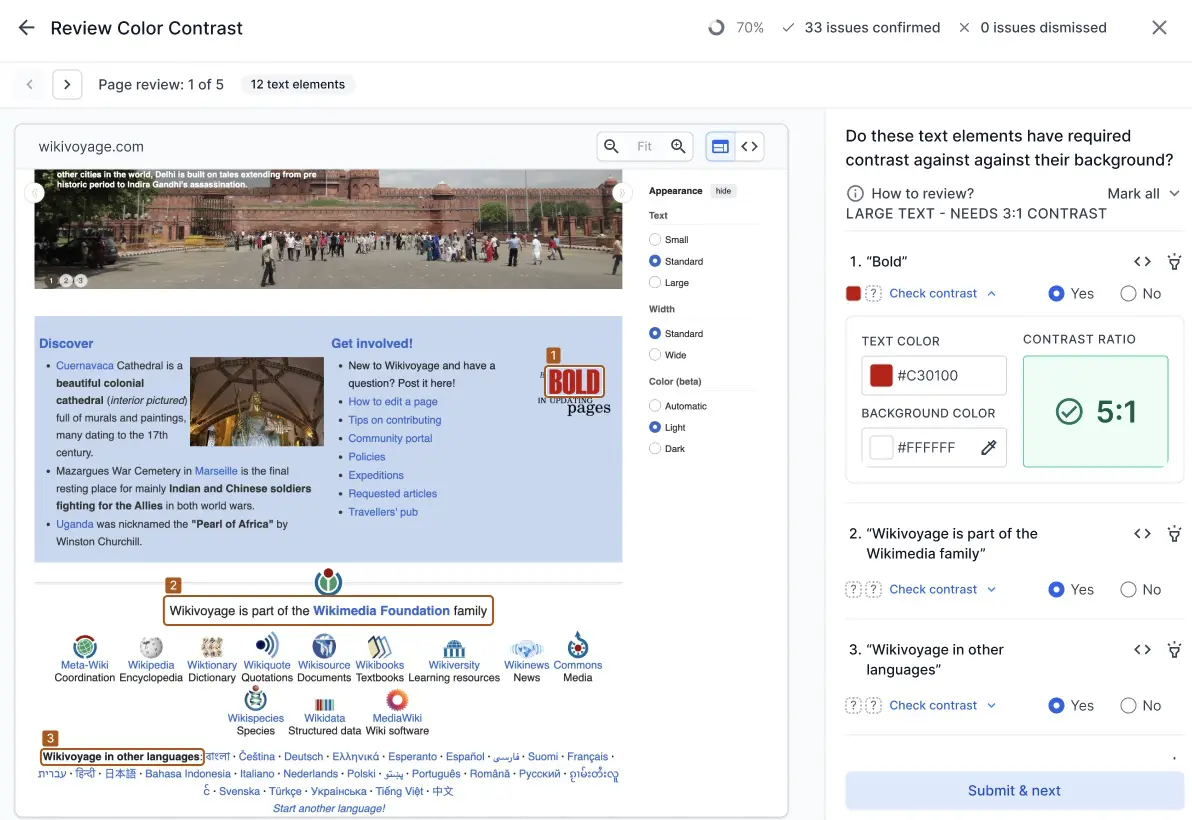 The contrast checker showing text color and background color with a calculated contrast ratio of 5:1 displayed in a green box with a checkmark