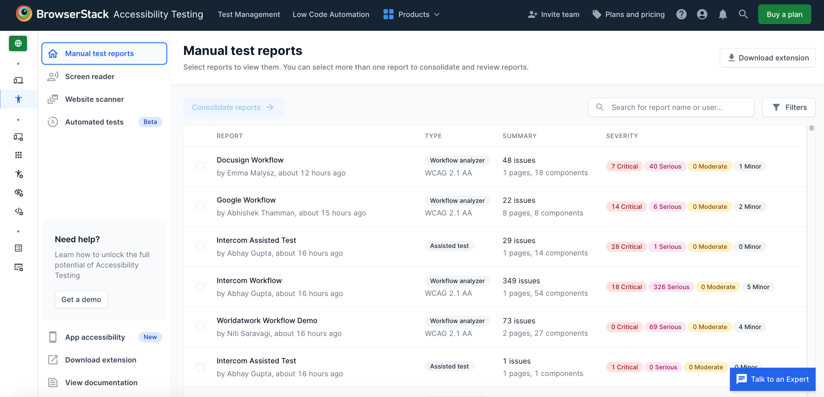 Accessibility Testing Dashboard homepage