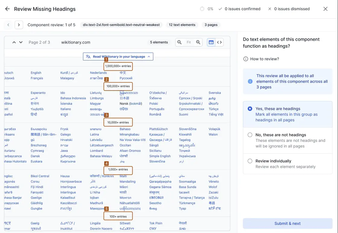 The Review Missing Headings screen in component review mode, showing a component group across 3 pages with options to mark all as headings, not headings, or review individually