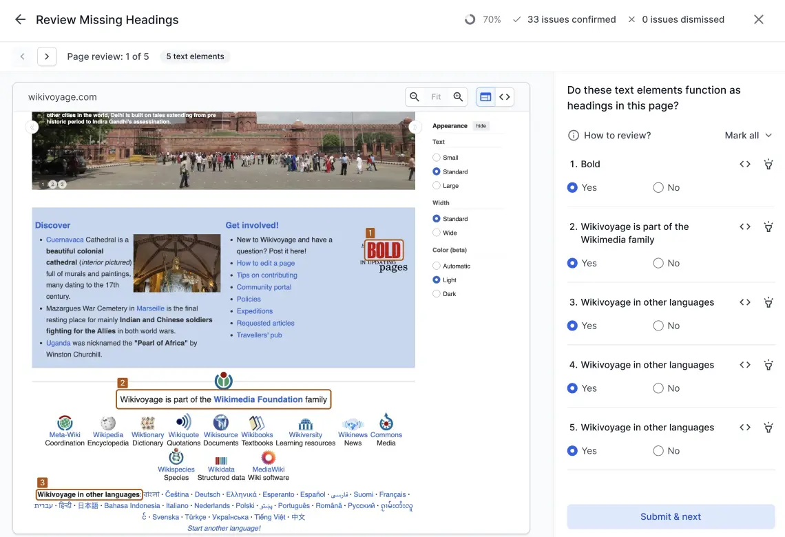 The Review Missing Headings screen in page review mode listing individual text elements — Bold, Wikivoyage is part of the Wikimedia family, and Wikivoyage in other languages — each with Yes and No options