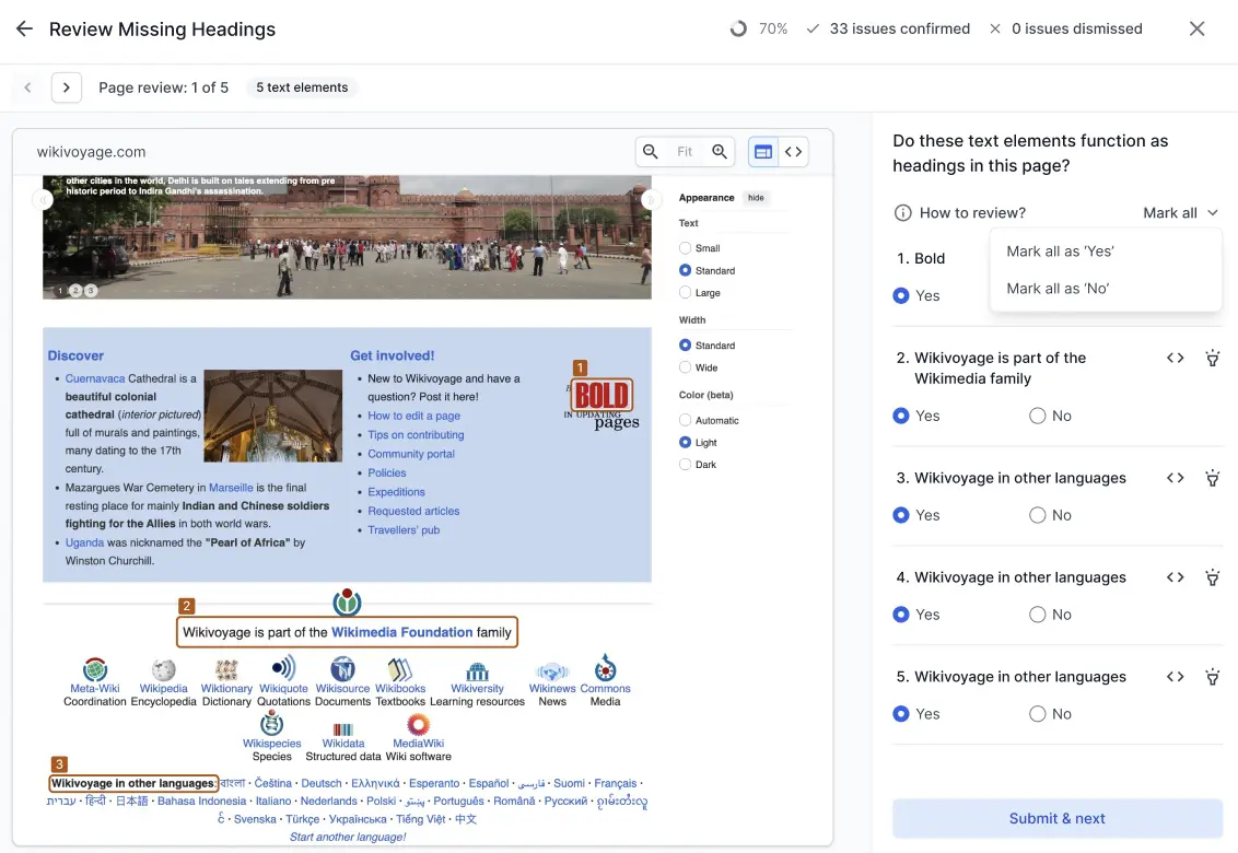The Mark all dropdown expanded showing two options: Mark all as Yes and Mark all as No