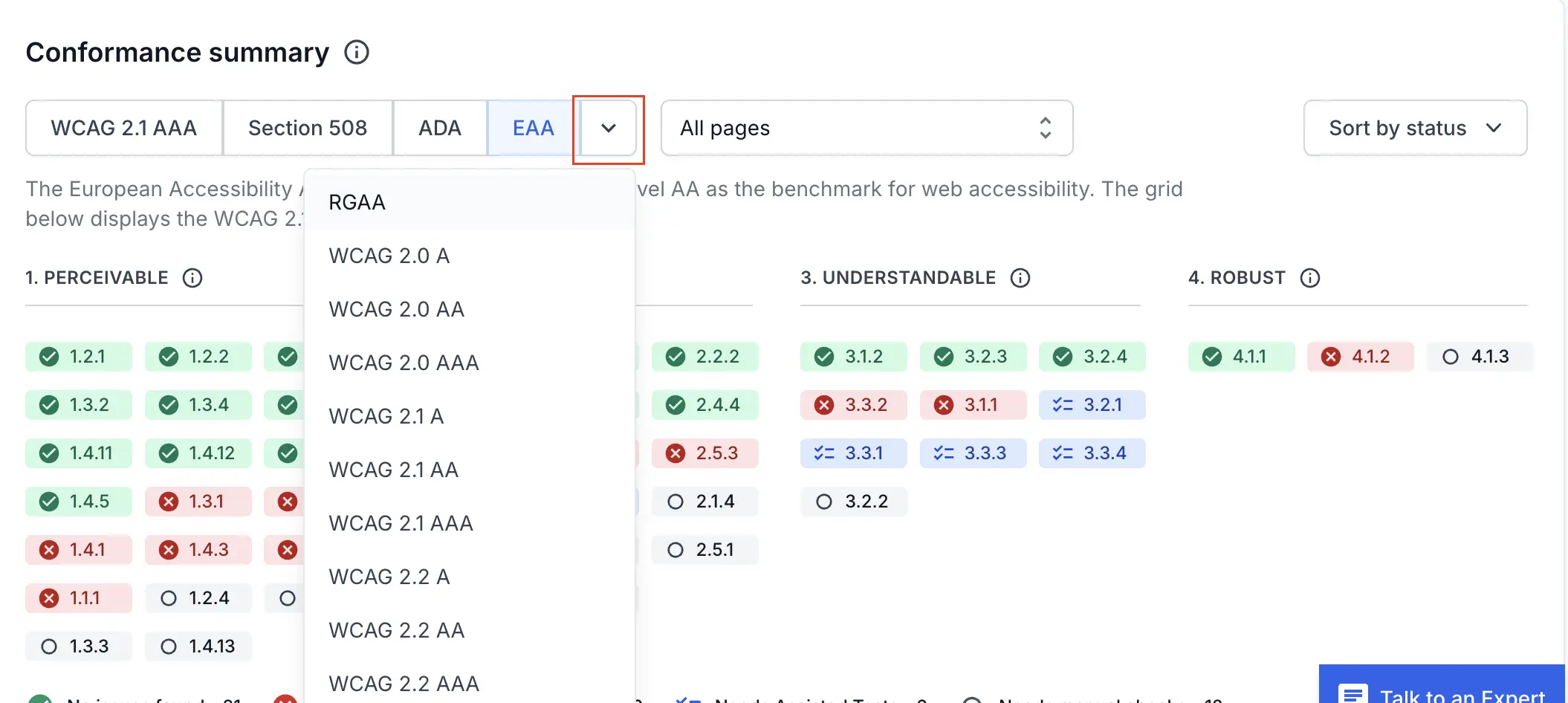 conformance summary with a drop down menu that shows more guidelines including RGAA