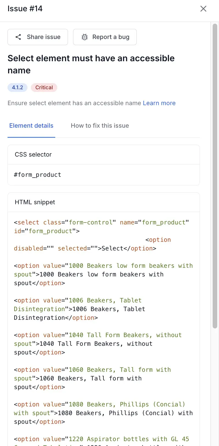 The CSS selector and HTML snippet shown for an issue in the scan report.
