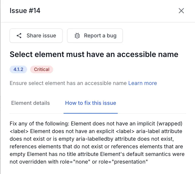 The suggested solution text shown next to an accessibility issue.