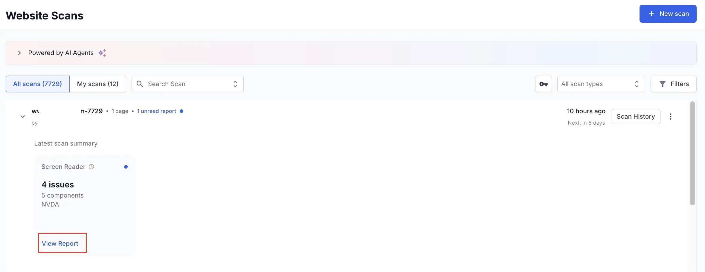 The View Report link highlighted in a Website Scanner run row.