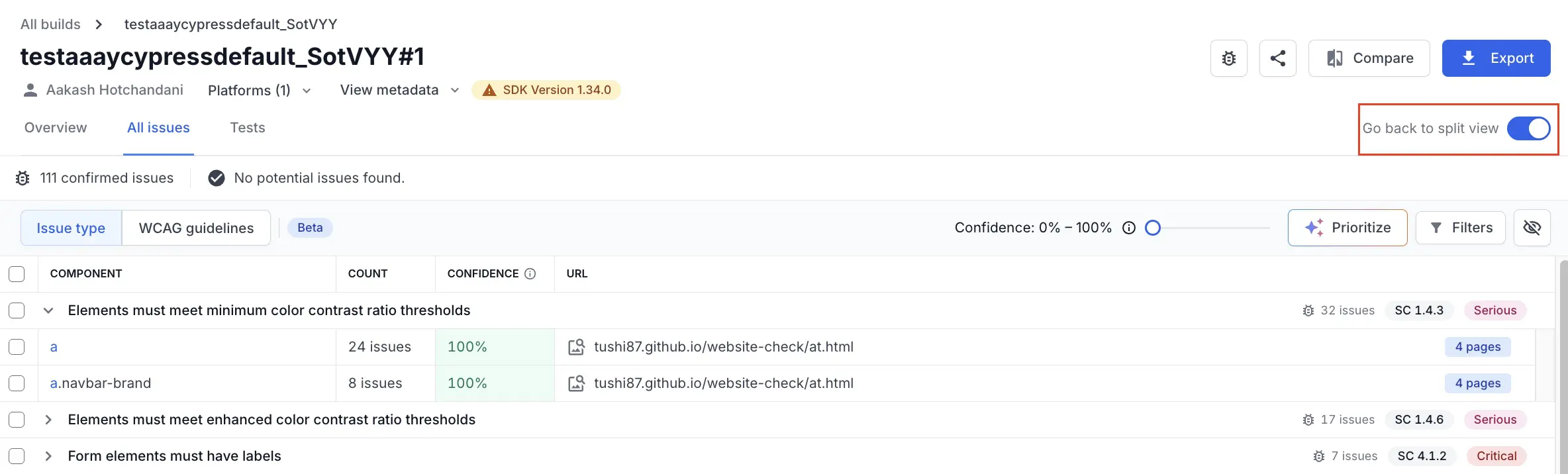 A toggle button to switch to table view highlighted on the All issues tab