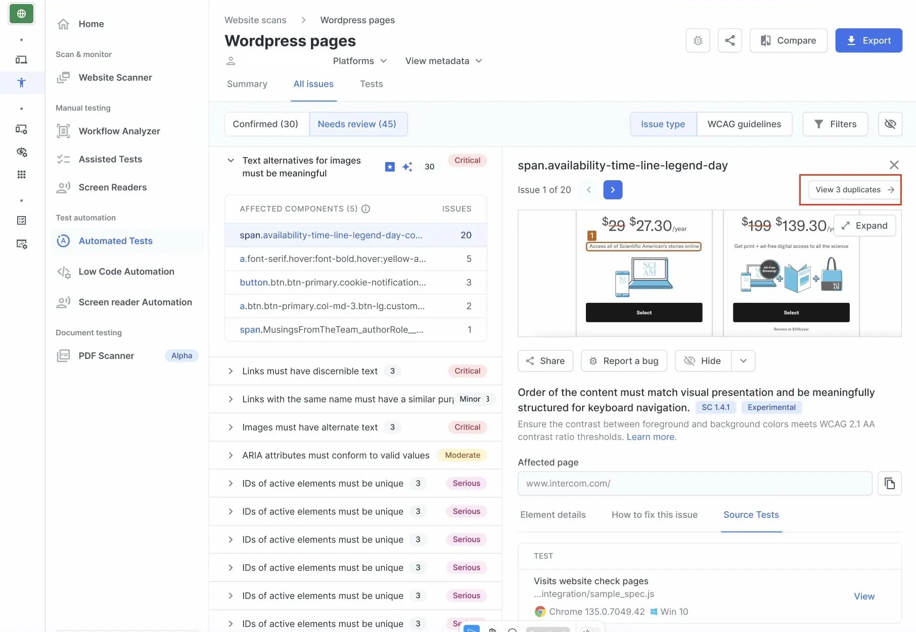 A button with CTA View 3 duplicates hioghlighted in the Accessibility testing dashboard in one test