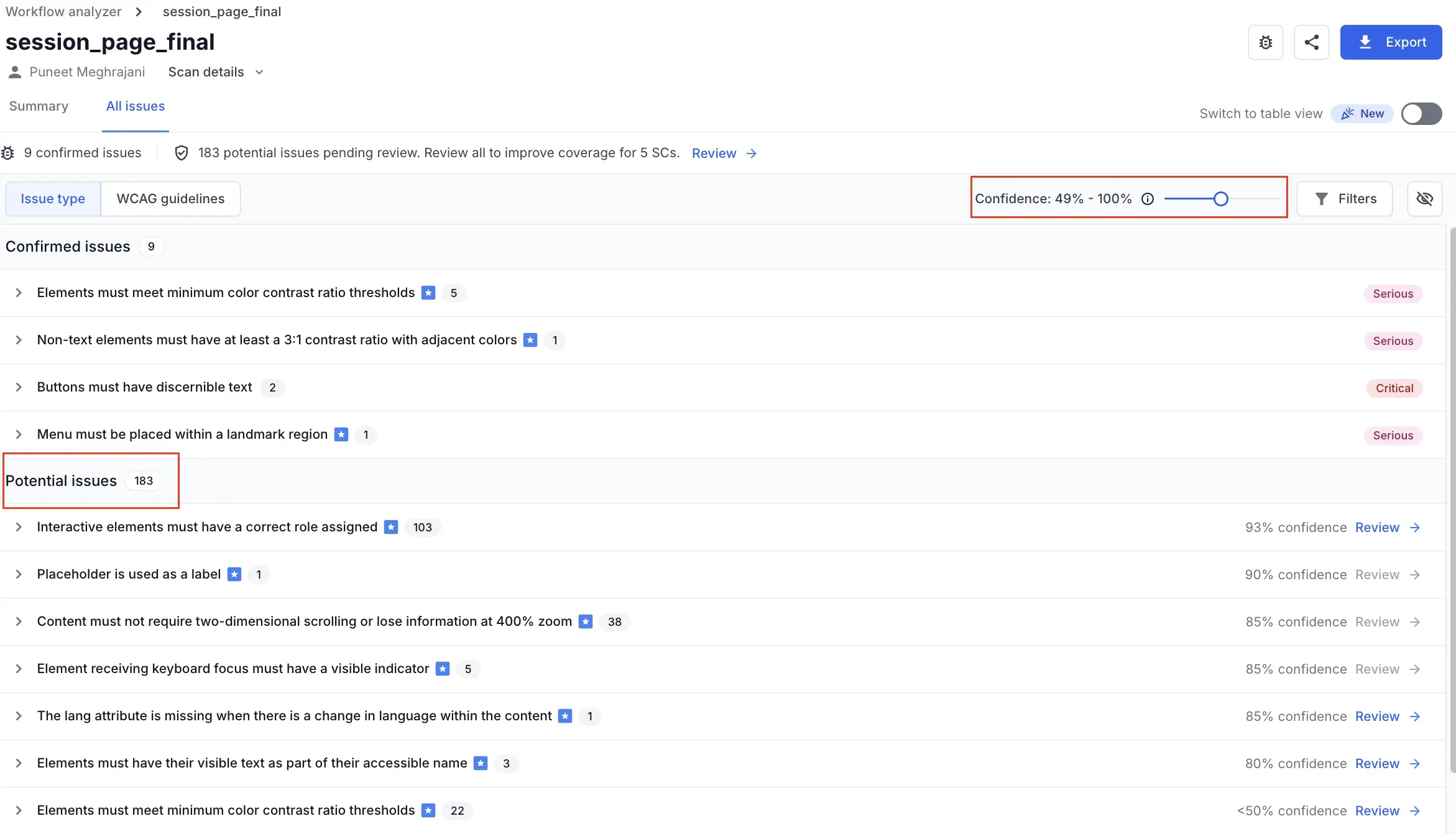A slider with title Confidence marked in a dashboard that lists confirmed and potential issues.