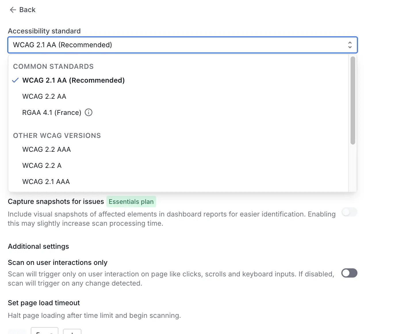 WCAG and RGAA standards in an accessibility standard drop-down menu