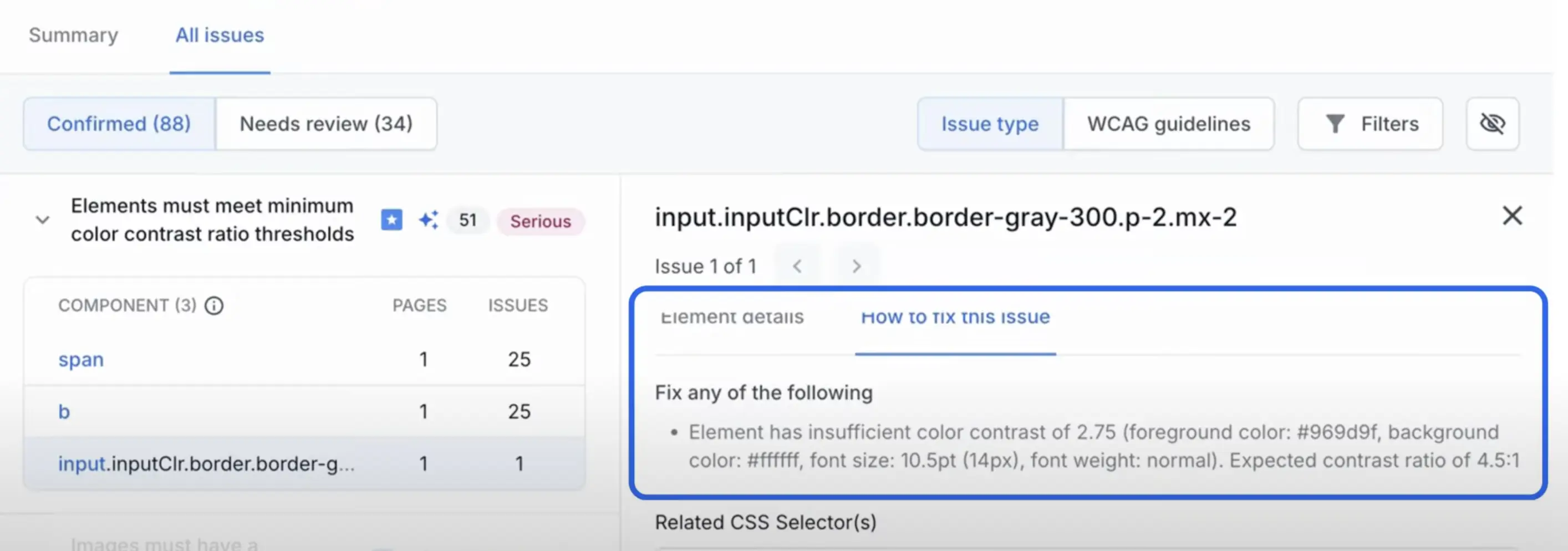Screenshot of a BrowserStack Accessibility Testing scan report with a color contrast violation with red boxes highlighting the AI icon and suggestion.