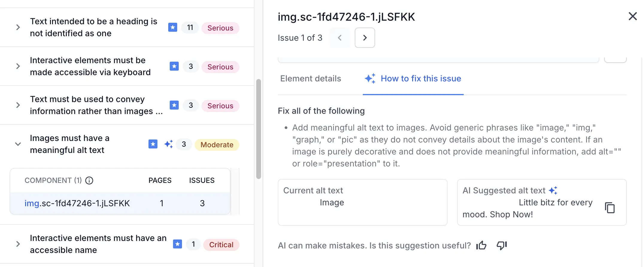 Screenshot of a BrowserStack Accessibility Testing scan report with a `meaningful-alt-text-ai` violation with the AI suggested alt text