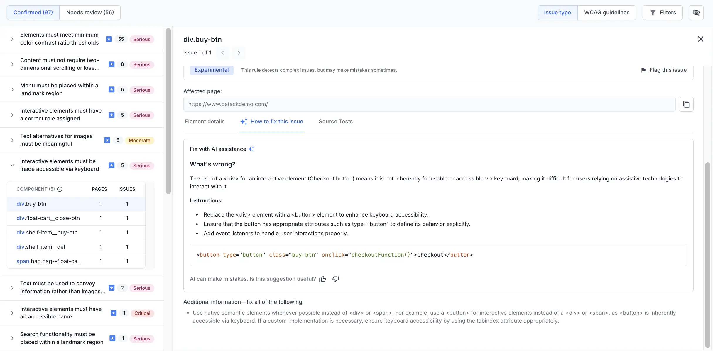 BrowserStack Accessibility Testing scan report showing keyboard-interactive violation with AI-suggested remediation code
