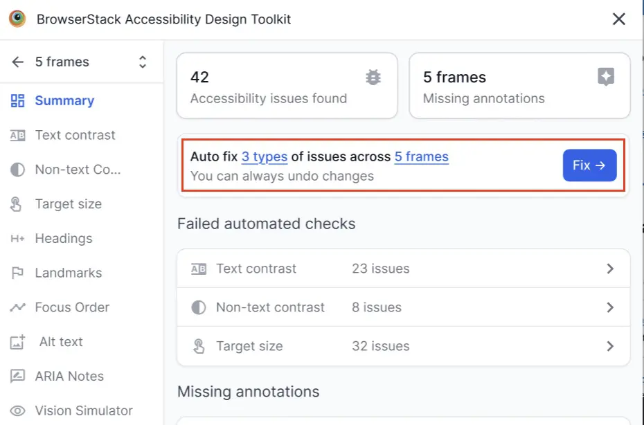 A window with a Fix button and the text "Auto fix 3 types of issues across 5 frames".