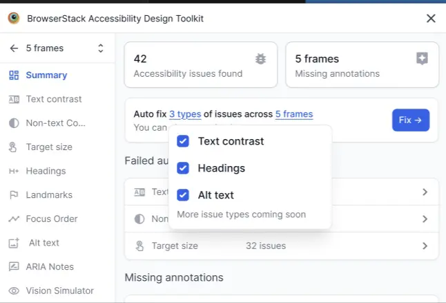 Issue type selection interface showing three accessibility issue categories available for auto-fix.