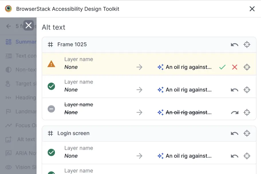 A tick button, a cross button, and an undo button against a list of accessibility issues