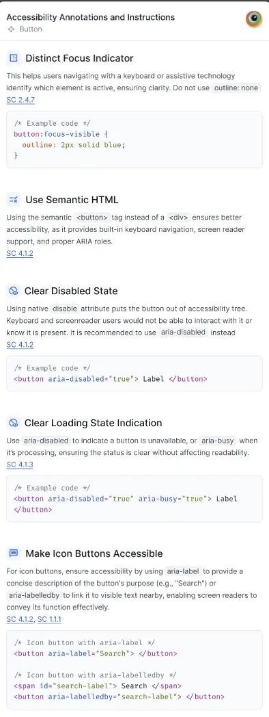 A list of accessibility instructions related to a button component