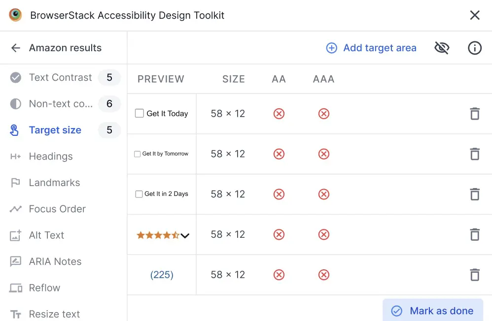 A window with a tab titled Target Size on the left navigation. A set of targets are listed in a table where each are marked compliant or not according to AA and AAA standards