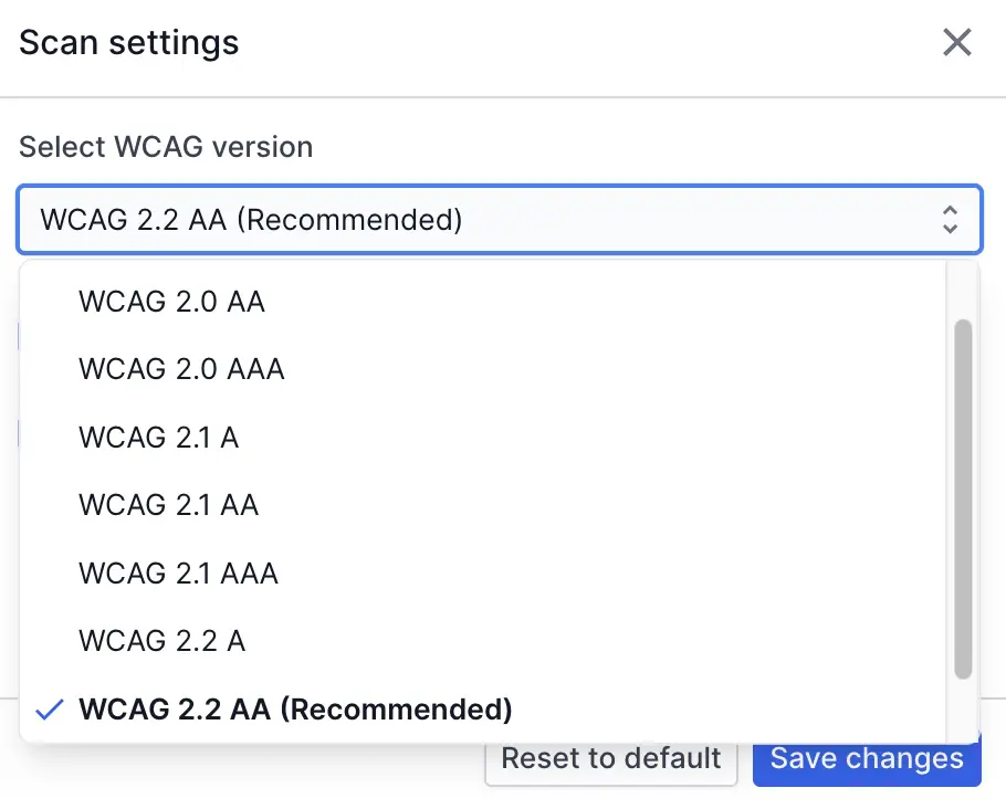 A dropdown menu to select a WCAG version.