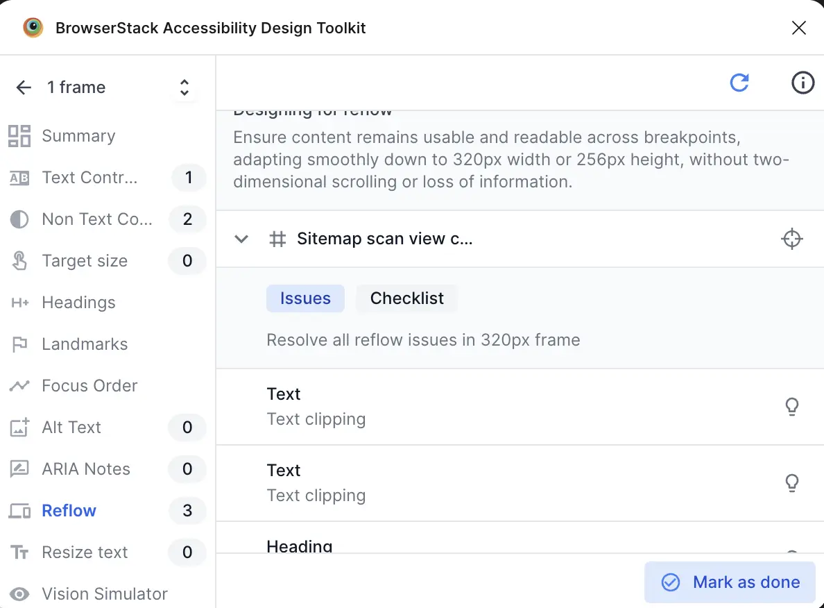 Screenshot displaying Issues and Checklist tabs in the link existing frame interface