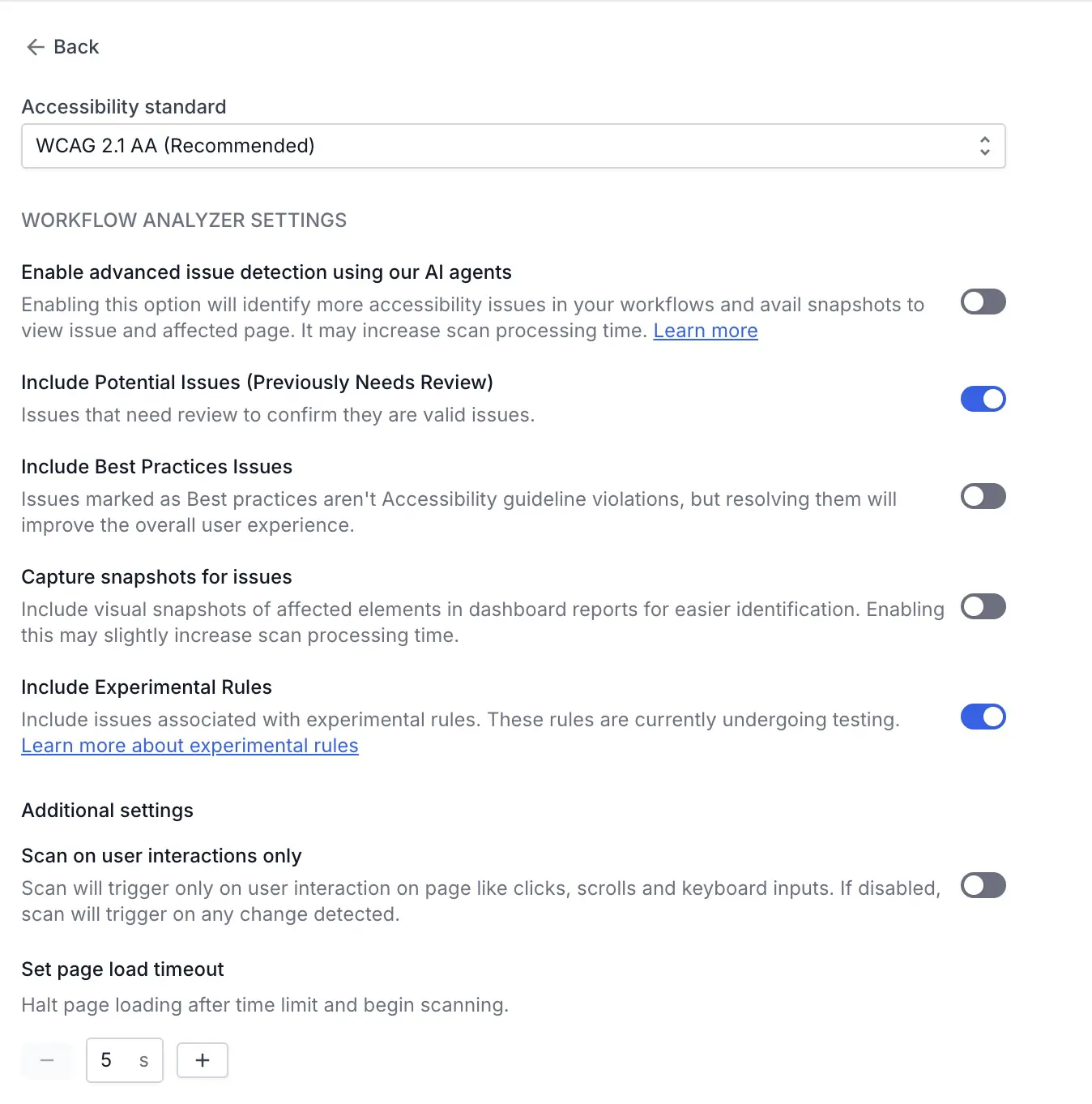 Select an accessibility standard from a drop-down and enable options for several advanced settings