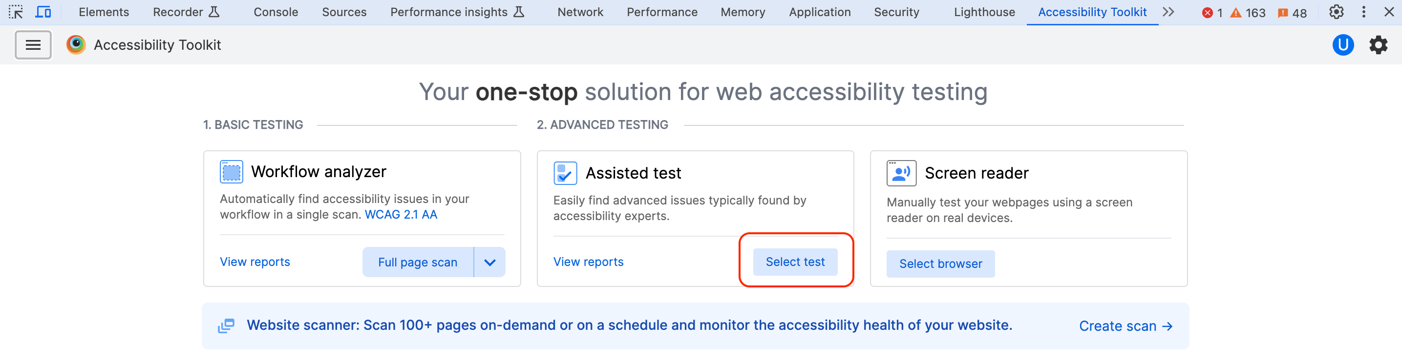 Click Select test to launch an assisted test