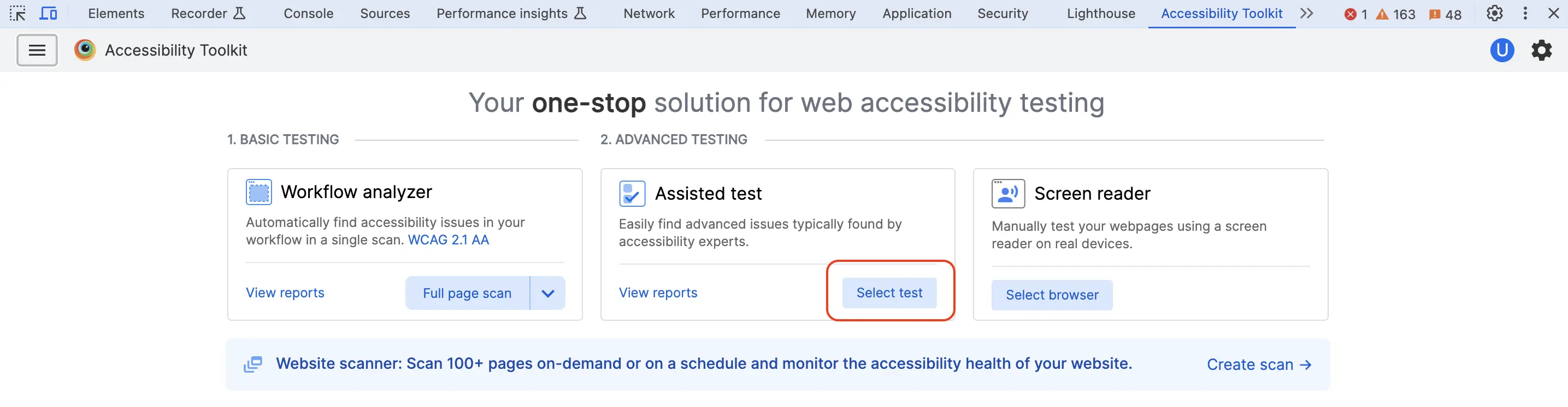 Click Select test to launch an assisted test