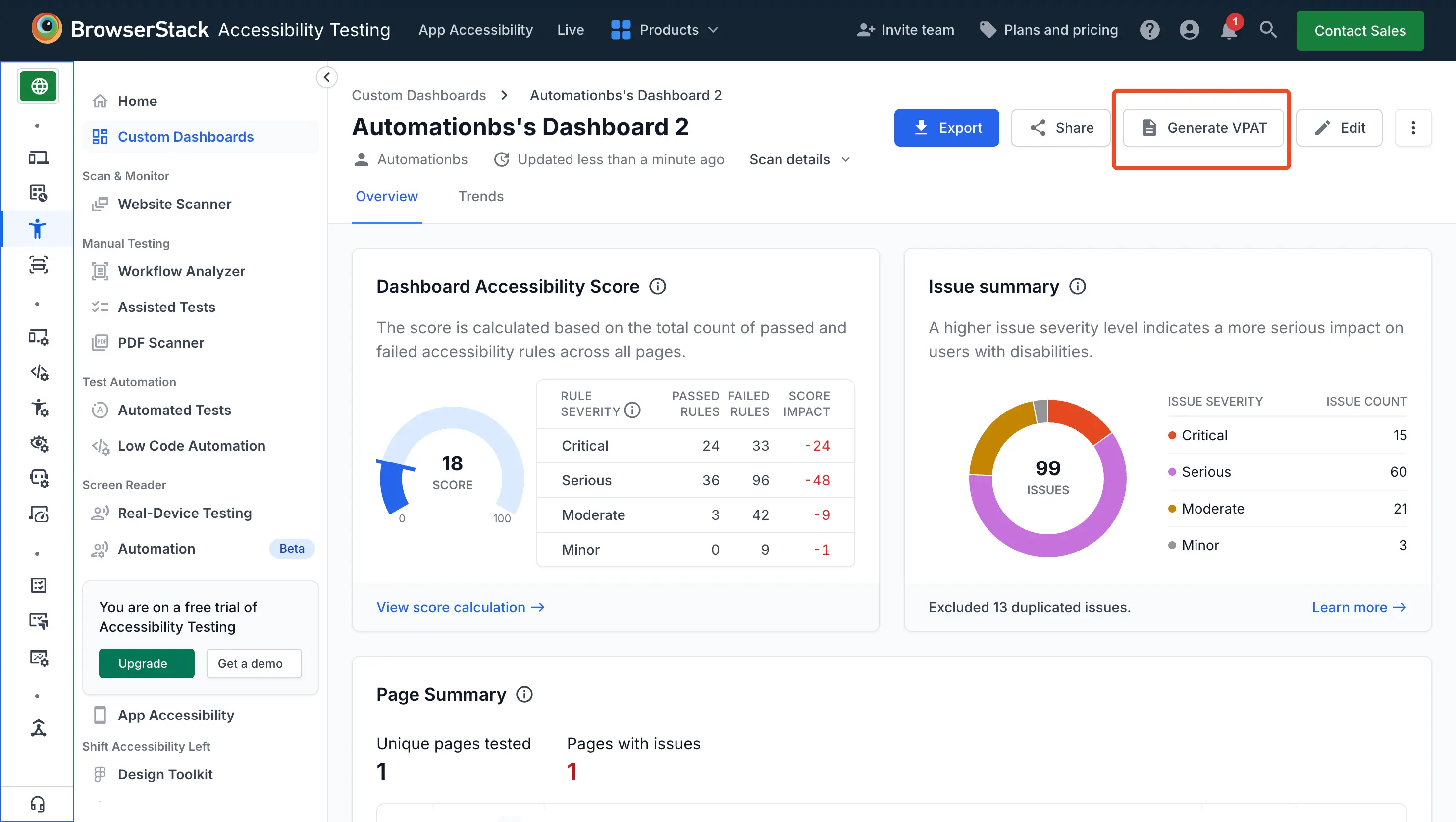 The Generate VPAT button on the top-right of a custom dashboard