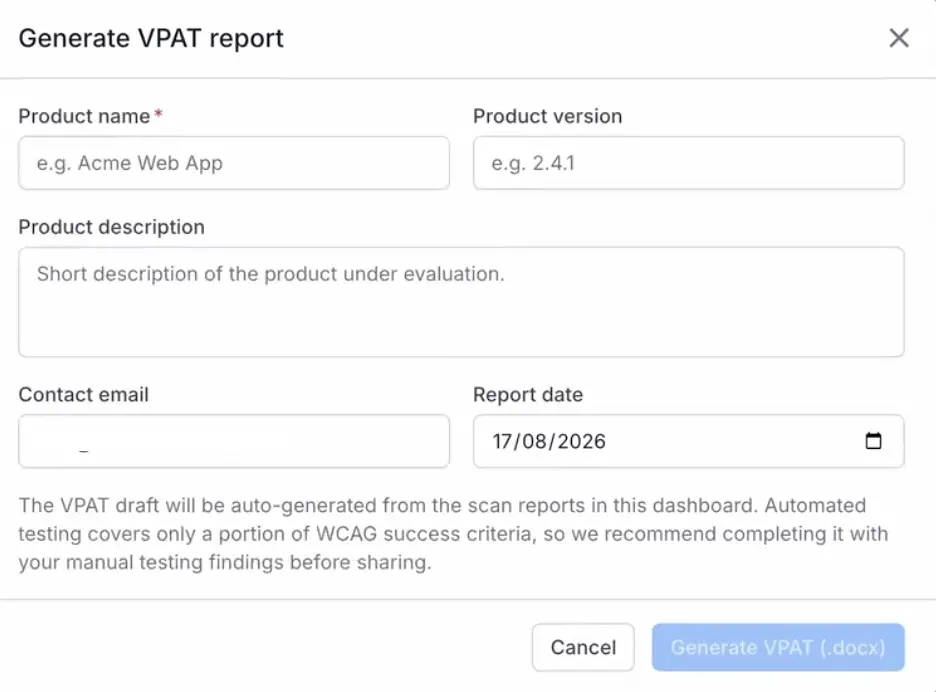 The Generate VPAT report window with the product name, version, description, contact email, and report date fields