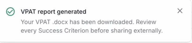 Confirmation that the VPAT report is generated and downloaded as a .docx file