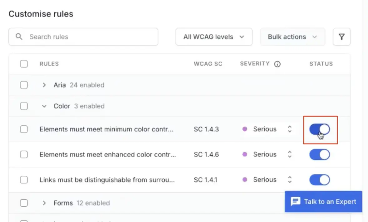 A toggle titled 'Enable custom rule engine configuration' highlighted in red