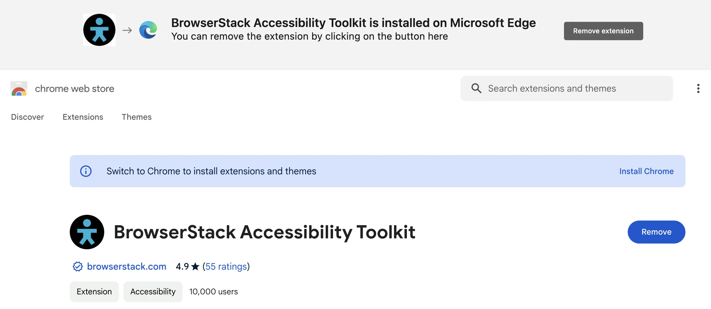 BrowserStack Accessibility Toolkit extension on Microsoft Edge