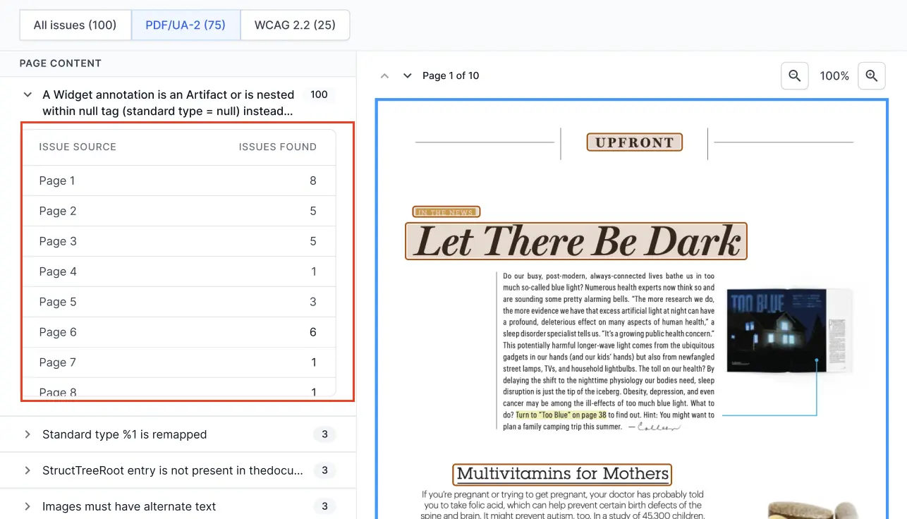 A screenshot of a PDF scan report showing issues grouped by page
